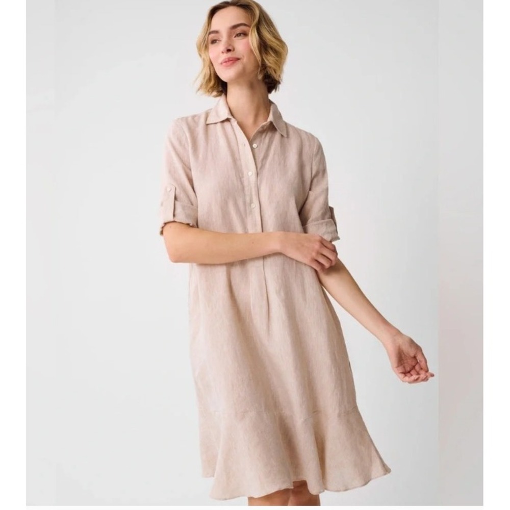 J. MCLAUGHLIN Wellesley Linen Khaki Shirt Dress Size XS Flounce Hem Pocket Vaca